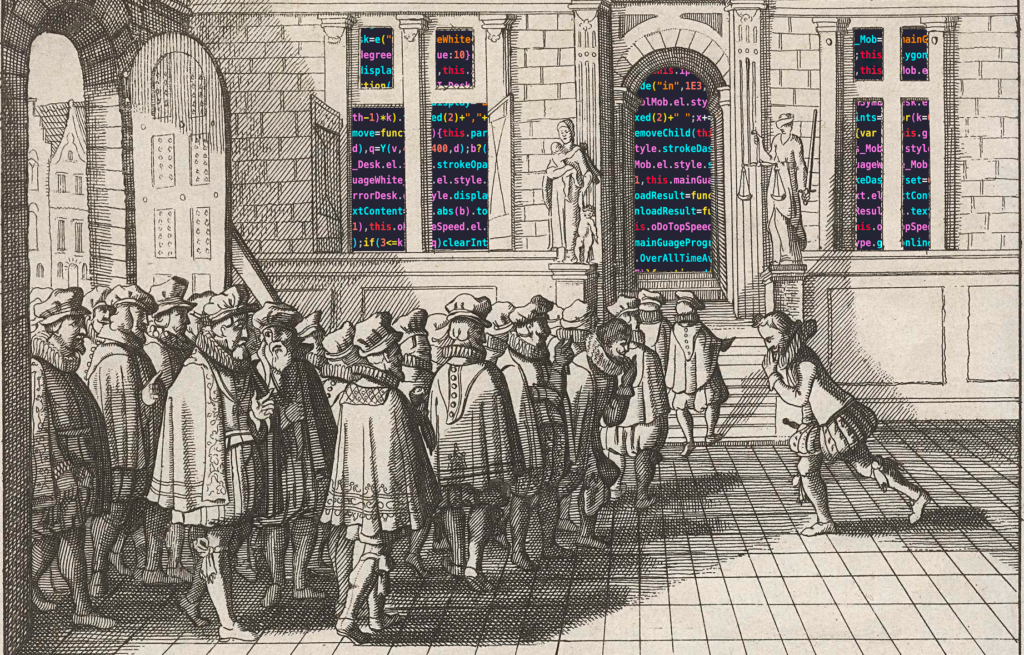 The mash-up shows the Dutch nobility anno 1566 entering the digital humanities palace, to ask the ‘powers that be’ (viceroy) to respect their ancient privileges and rights and cease the persecution of heretics and dissenters.
Credit: Sebastiaan Fluitsma